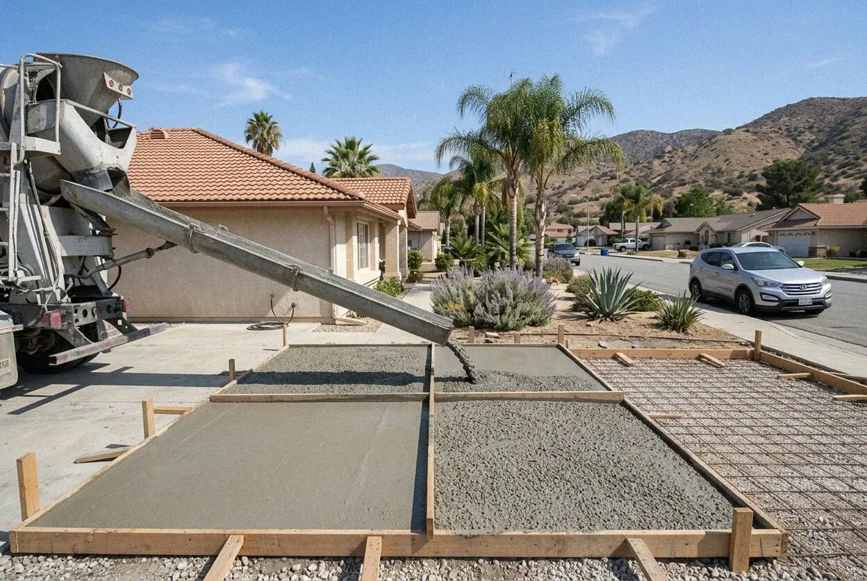 A fresh concrete driveway at a manufactured home off Calimesa Boulevard