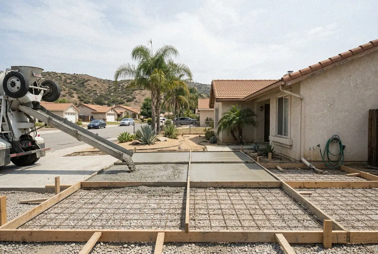 A crew pouring a steep driveway at a lakeside home in Canyon Lake