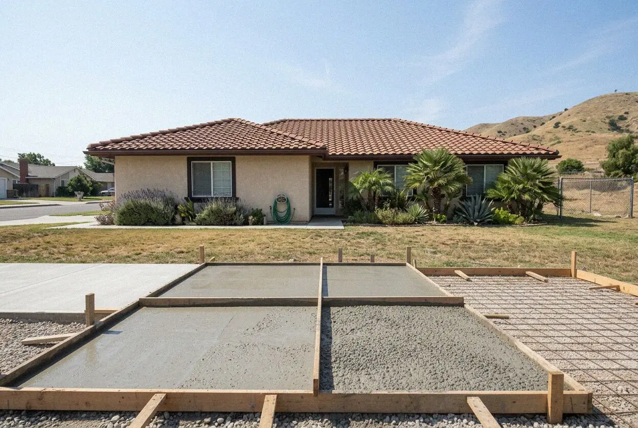 A finished concrete driveway on a pre-war street in Chino, CA