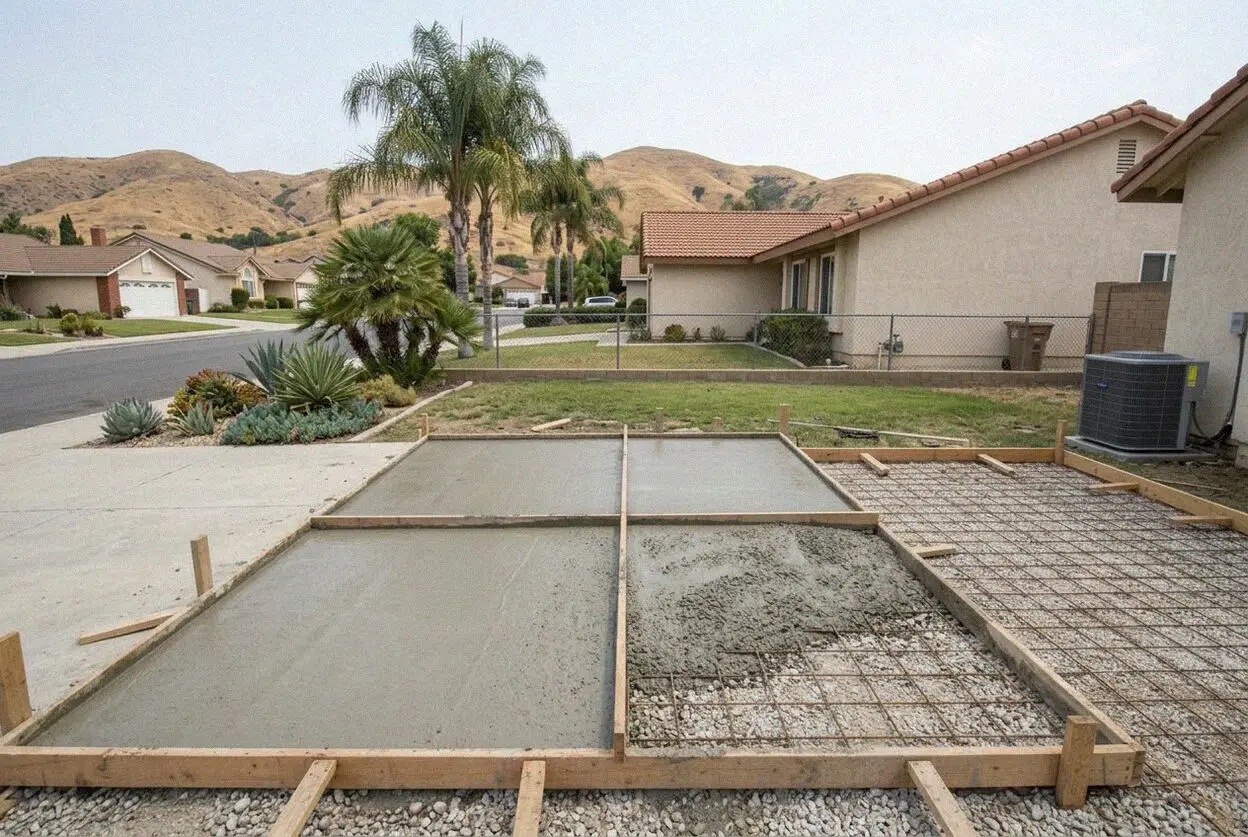 A concrete driveway on a sloped hillside lot in Chino Hills, CA