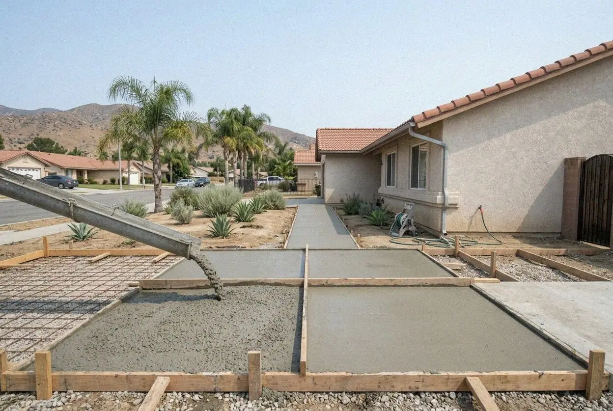 A concrete crew finishing a new driveway outside a 1950s home in Colton, CA