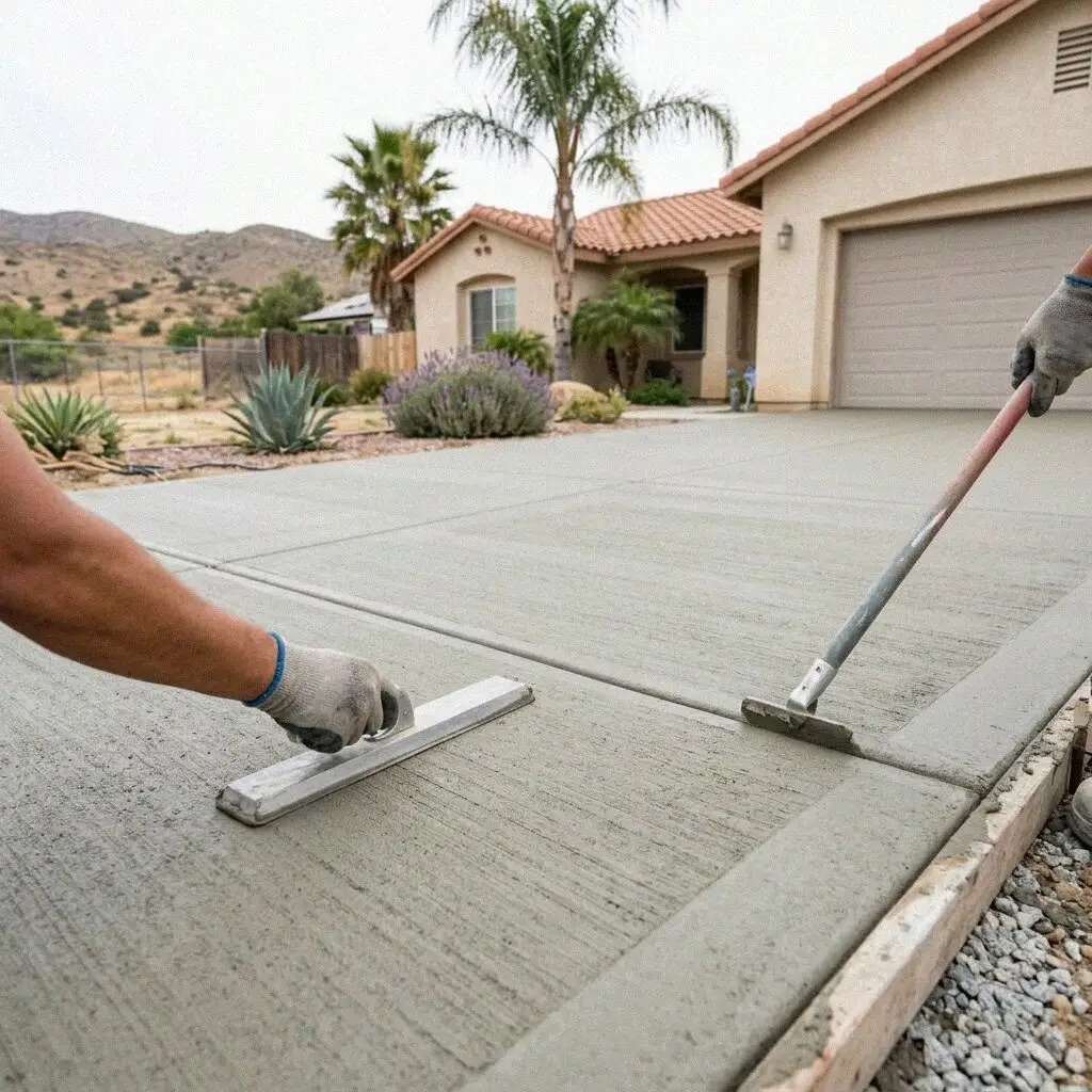 Hands screeding fresh concrete on a driveway pour in Riverside