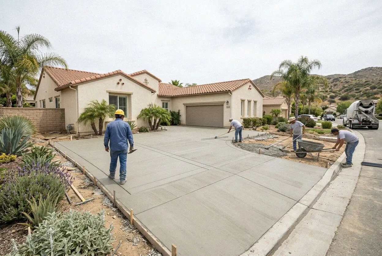 Concrete driveway being finished at a home in Riverside, CA