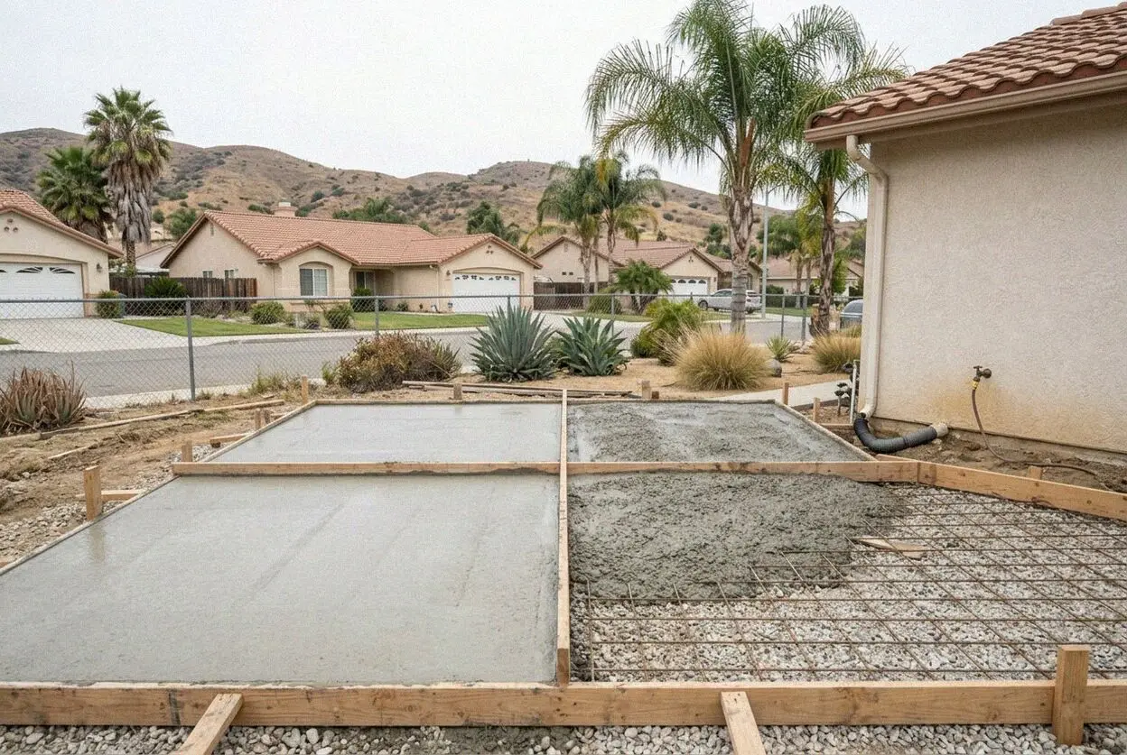 A concrete crew forming a new driveway on an Eastvale tract street