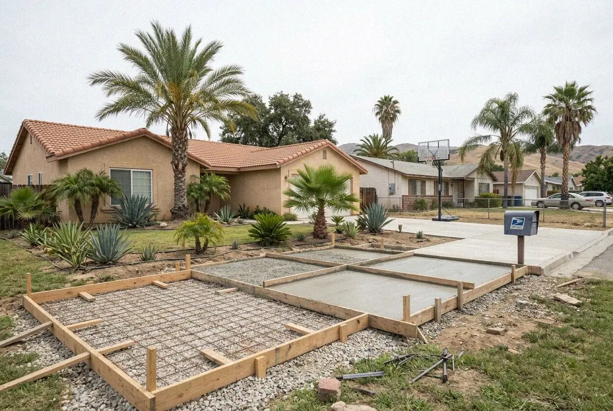 A crew pouring a long driveway on an acre lot in El Sobrante