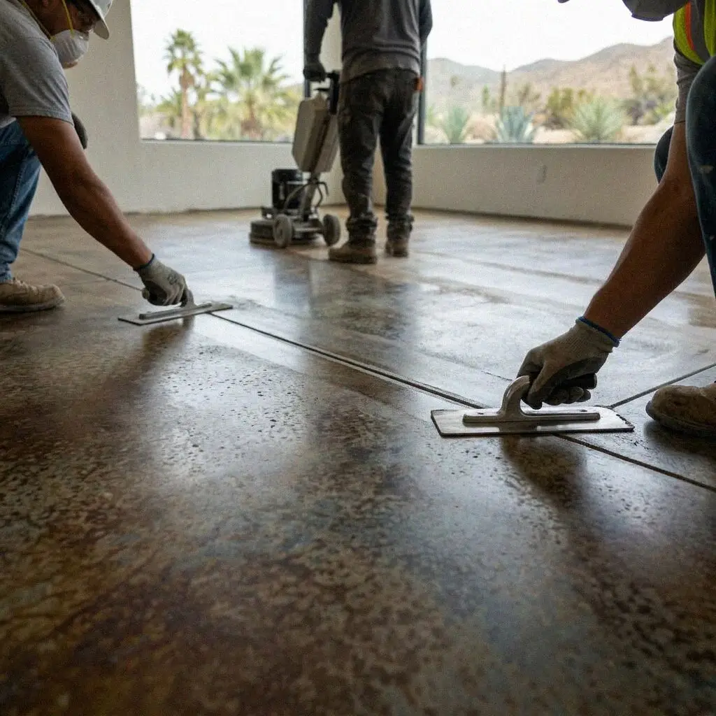 Crew taping a vapor retarder before an interior floor pour in Riverside