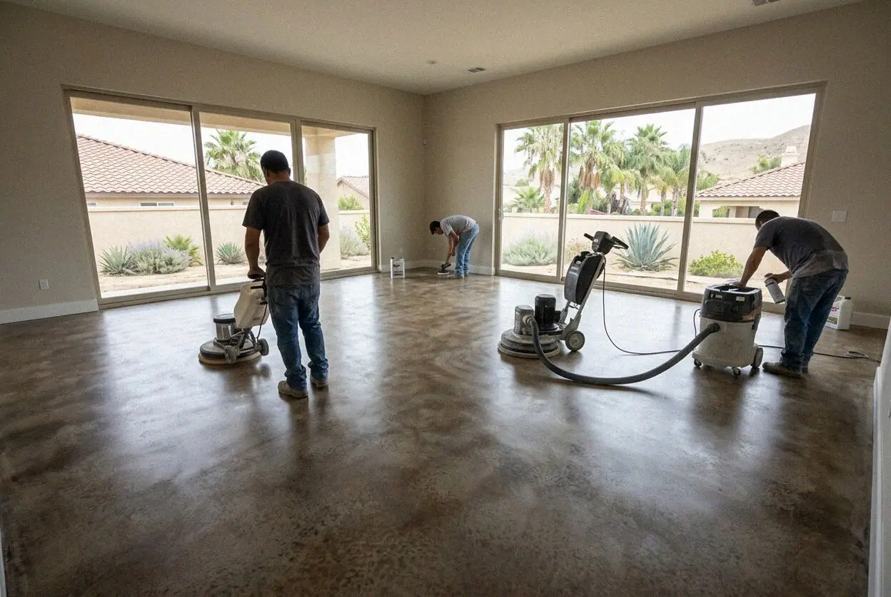 Interior concrete floor being screeded inside a Riverside, CA addition