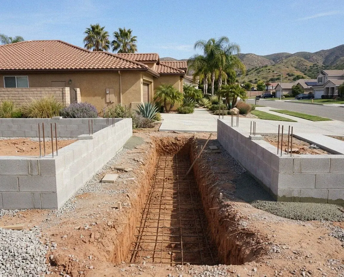 Tied steel in a poured footing trench at a Riverside build