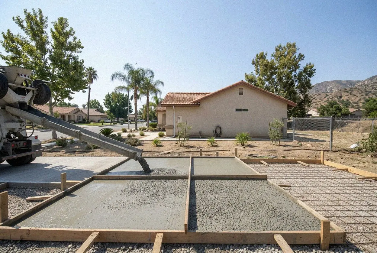 A new concrete driveway on a sloping Grand Terrace lot below Blue Mountain