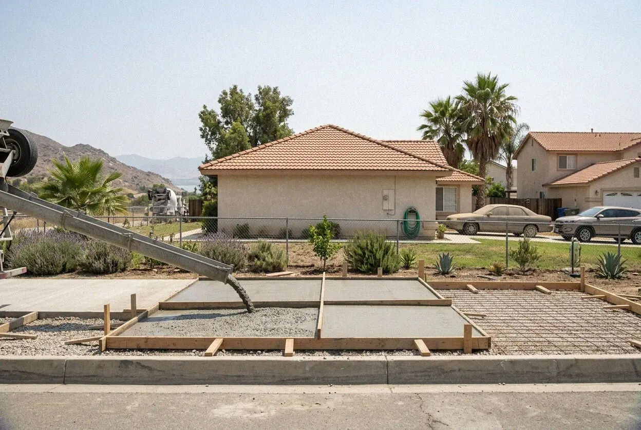 A crew forming a driveway on a hillside street in Lake Elsinore