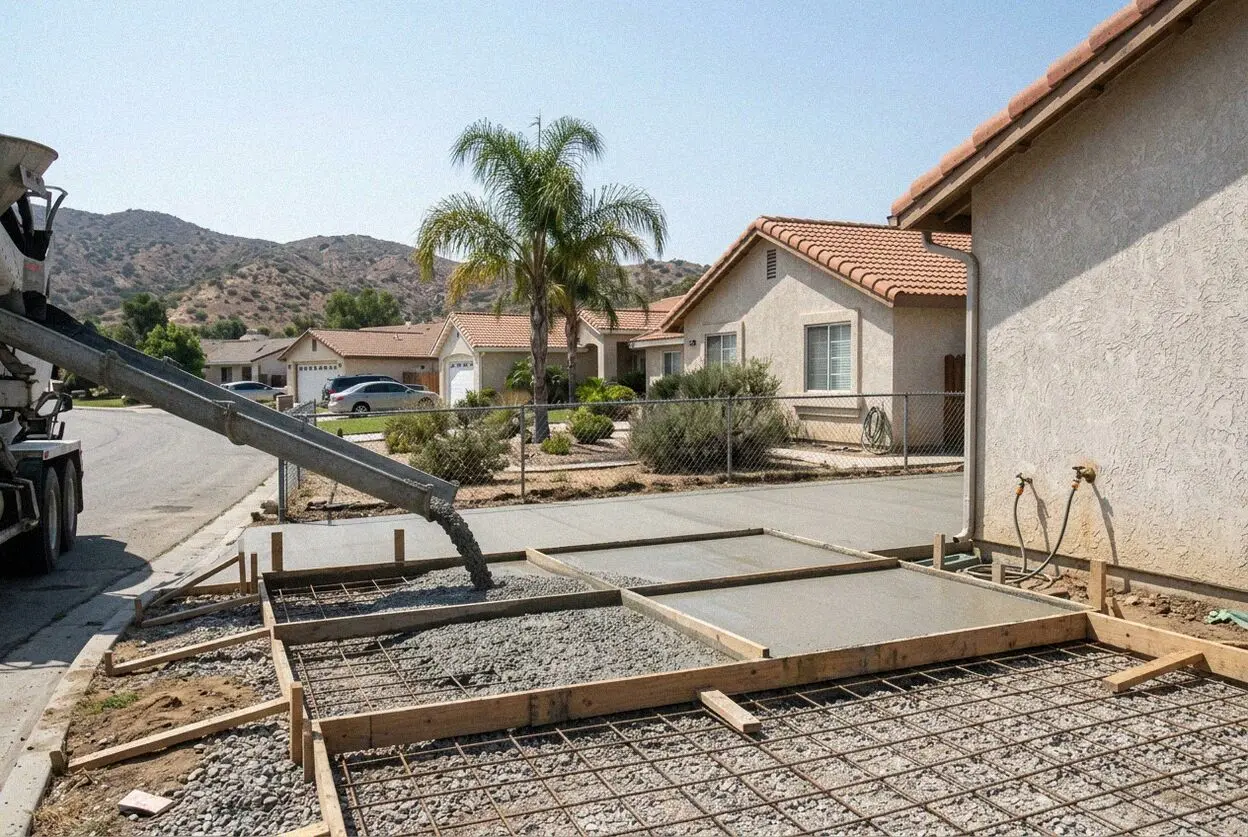A driveway being poured on a hillside acre lot in Lake Mathews