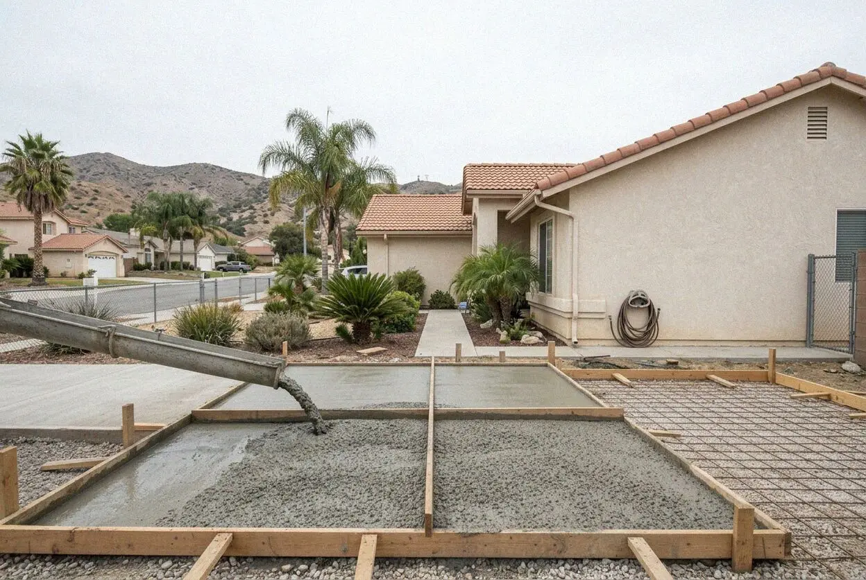 A crew pouring a concrete driveway on a hillside street in Loma Linda