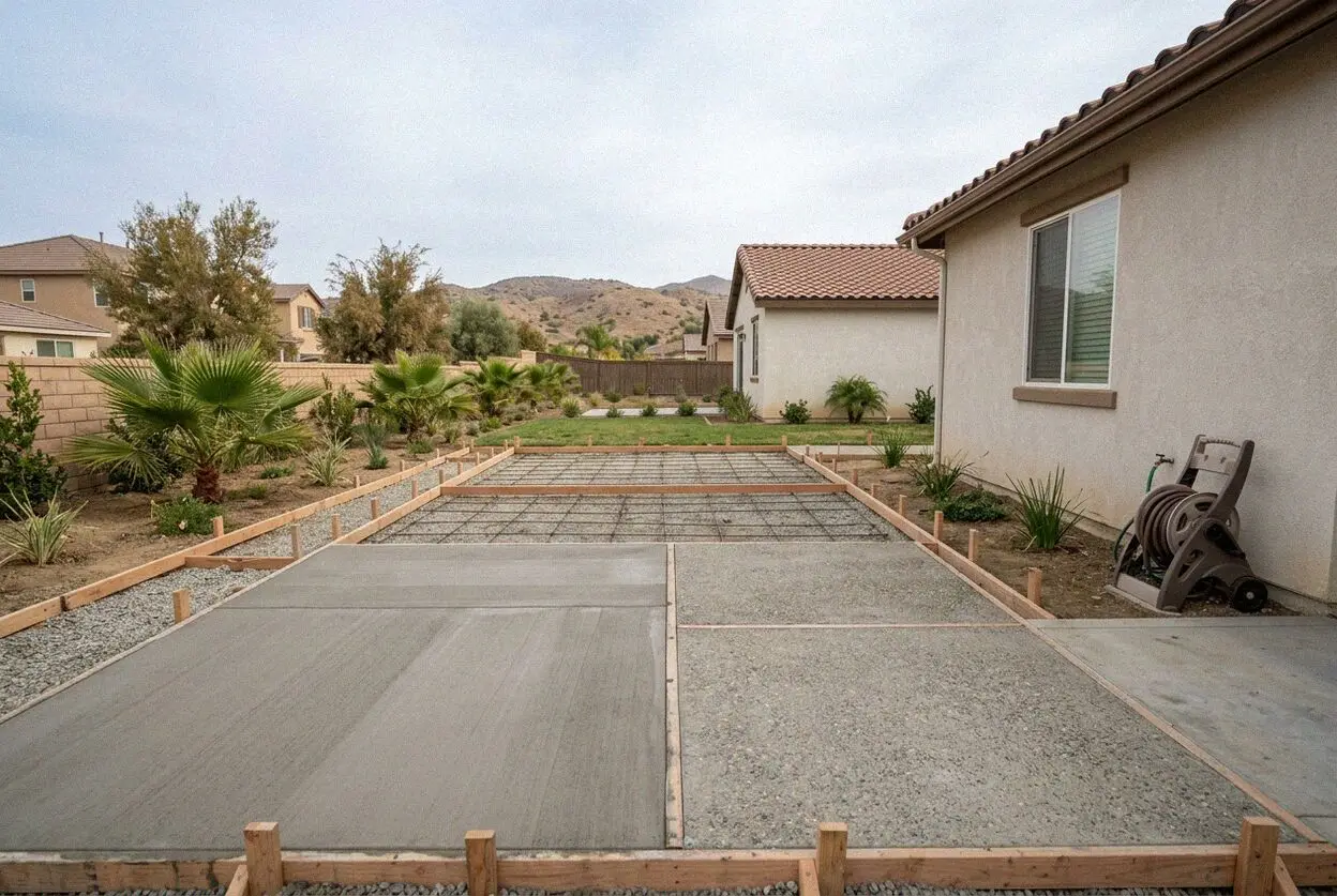 A concrete driveway pour under way at a home in Menifee, CA
