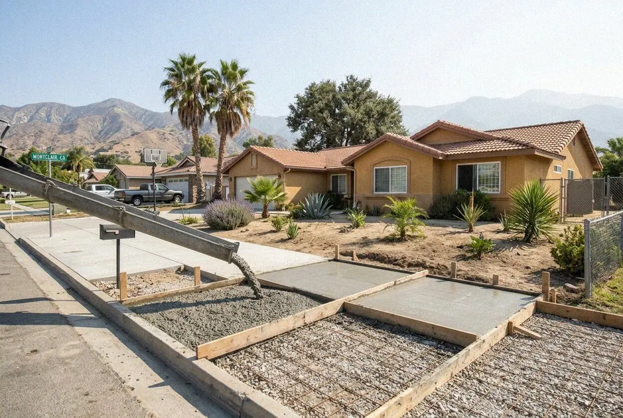 A 1950s tract street in Montclair with a concrete driveway being replaced