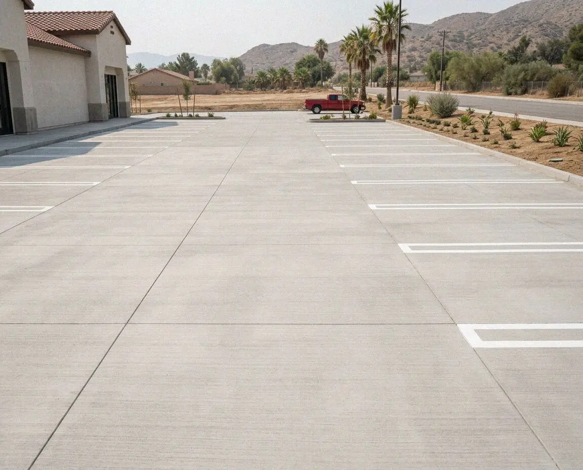 New concrete parking lot with sawn joints at a Riverside business