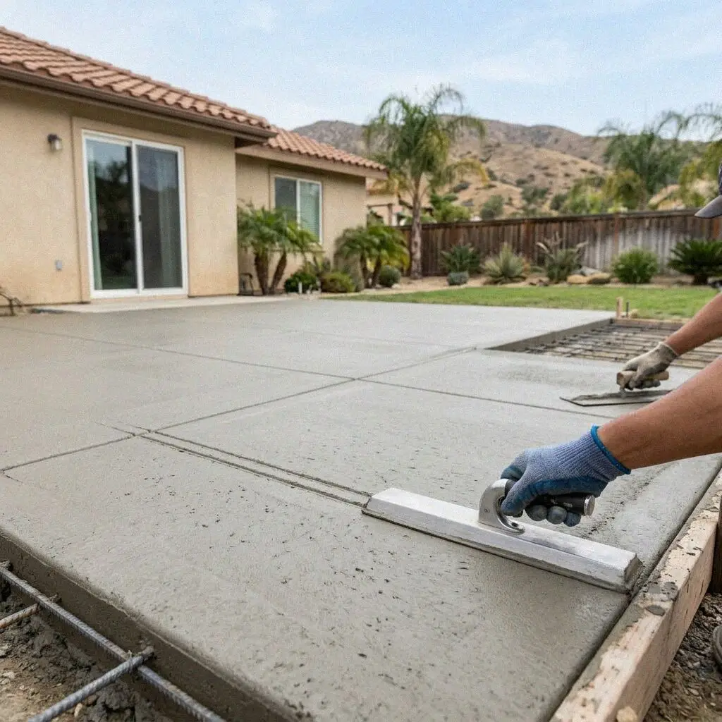 Crew screeding a fresh concrete patio slab in a Riverside back garden
