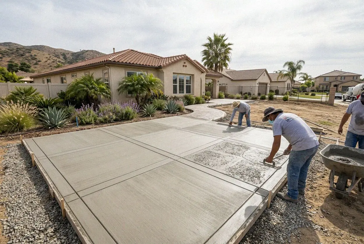 Concrete patio being finished behind a home in Riverside, CA