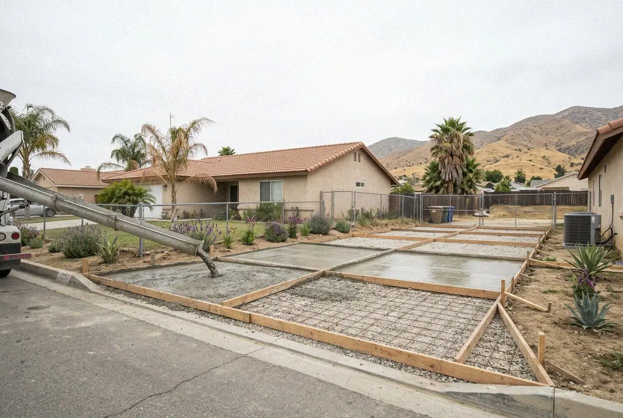 A driveway being poured in front of a 2000s tract home in Perris