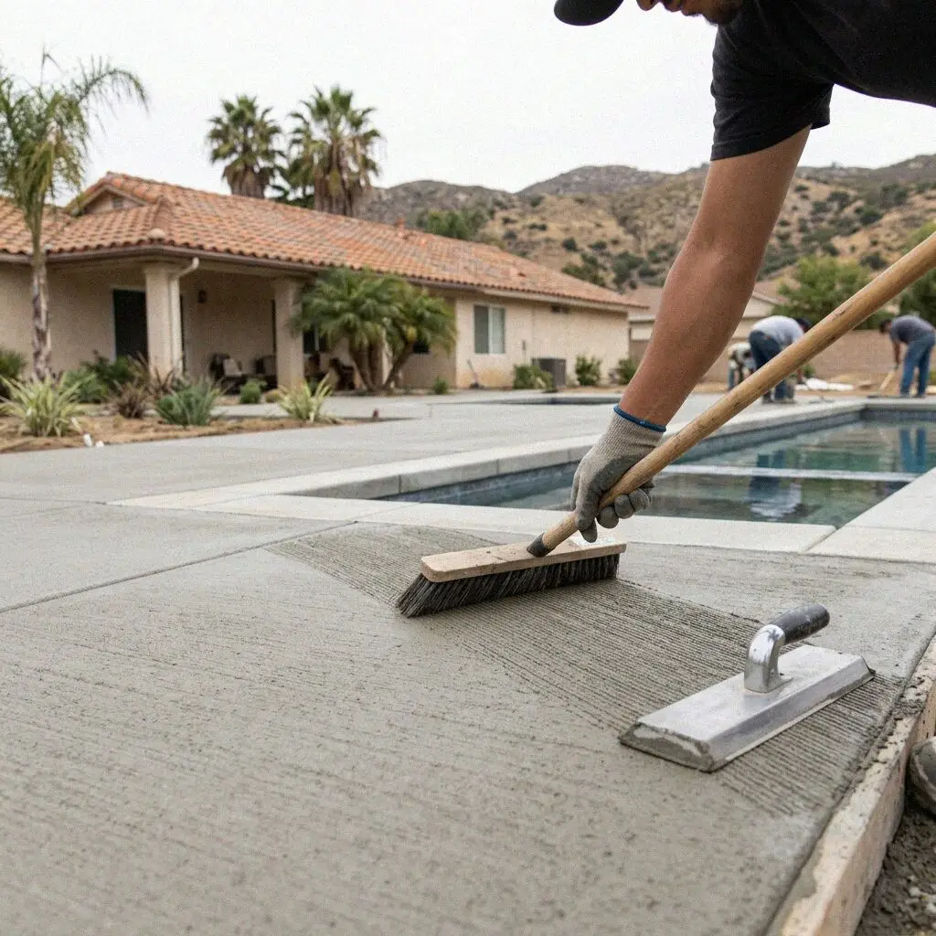 Crew working a salt finish into a new pool deck in Riverside, CA