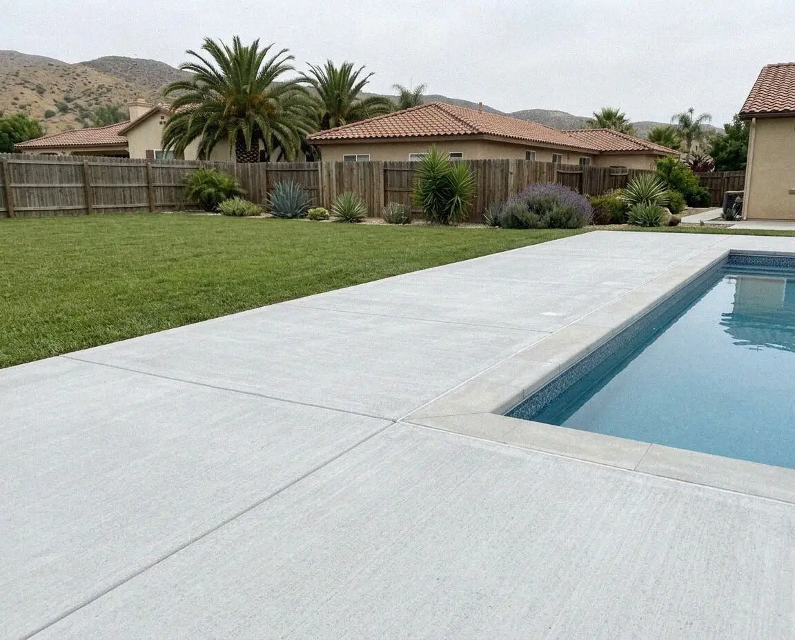 New light-colored concrete pool deck at a home in Riverside, CA