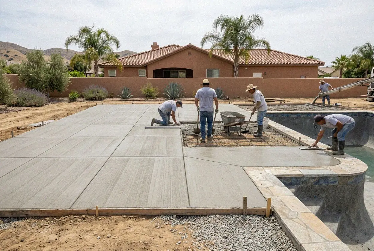A new concrete pool deck being textured at a Riverside, CA home