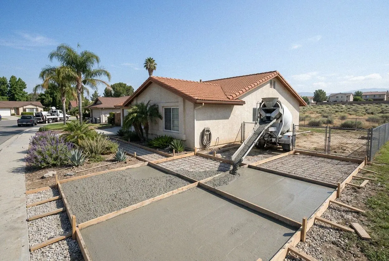 A new concrete driveway beside a Craftsman house on a Redlands street
