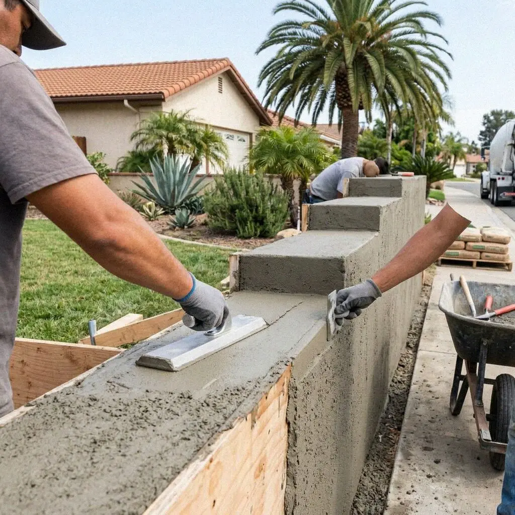A finished poured concrete retaining wall behind a Riverside home