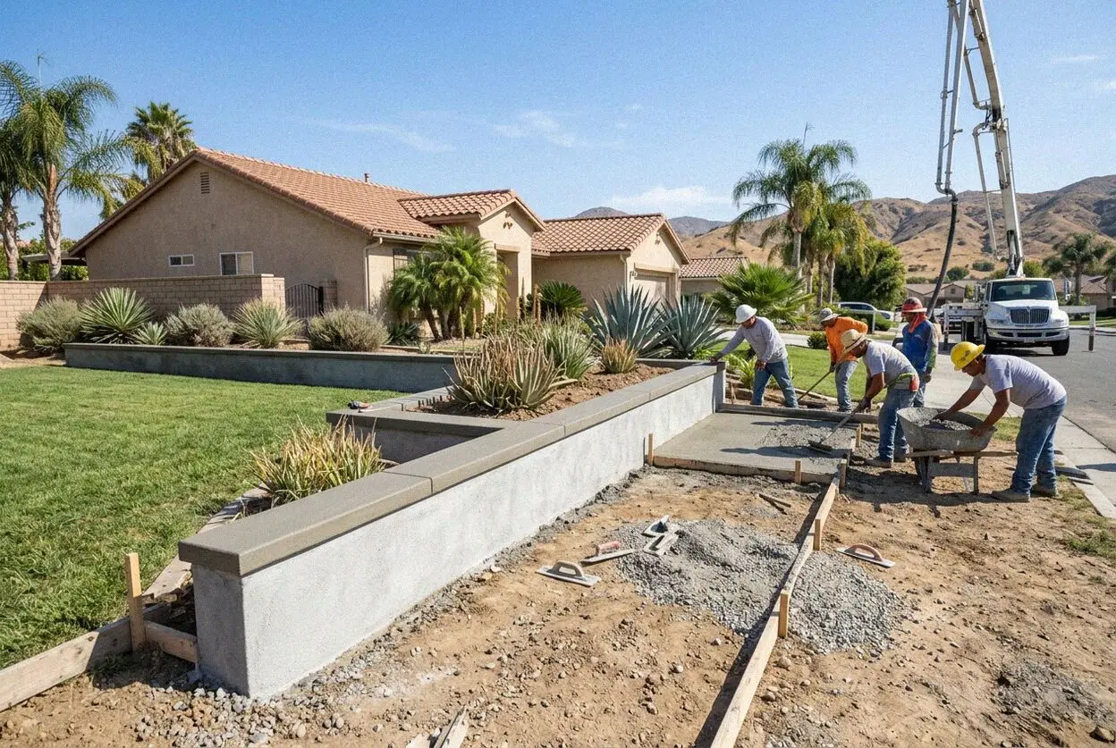 Poured concrete retaining wall going up on a Riverside hillside lot