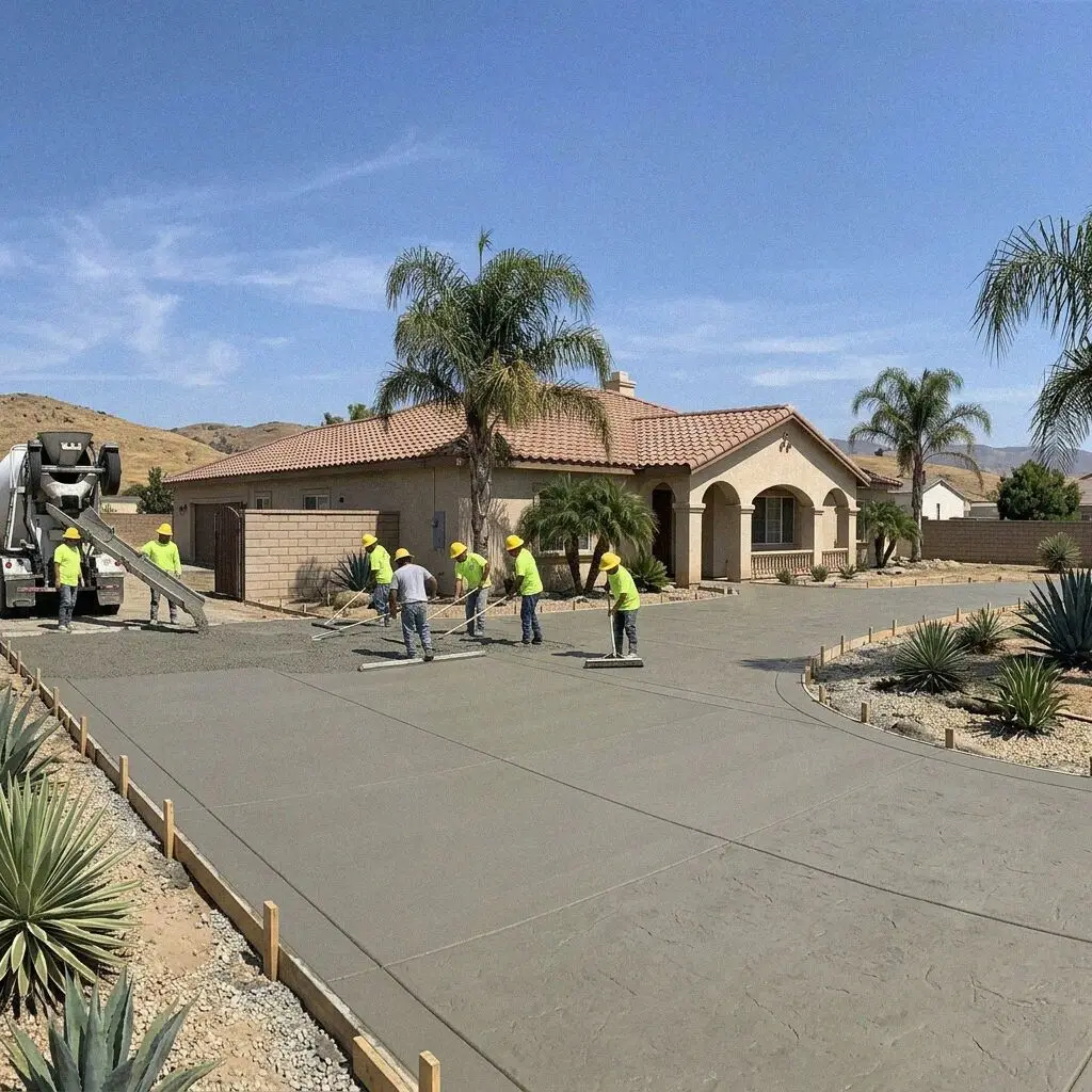 Ironline Riverside Concrete crew mid-pour at a home in Riverside