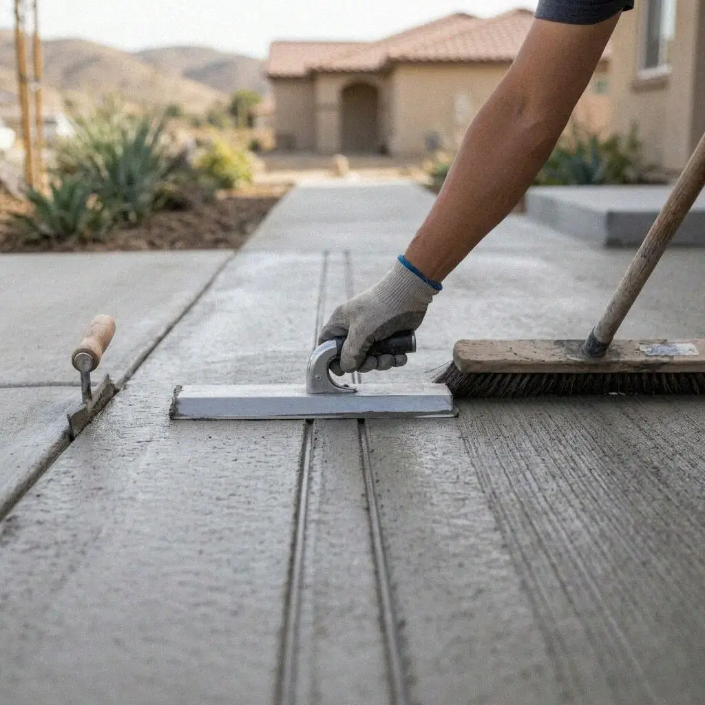 A finished concrete sidewalk panel on an older Riverside street