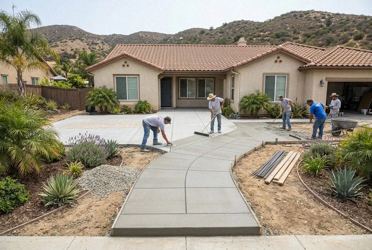 Crew replacing a public sidewalk panel on a Riverside street