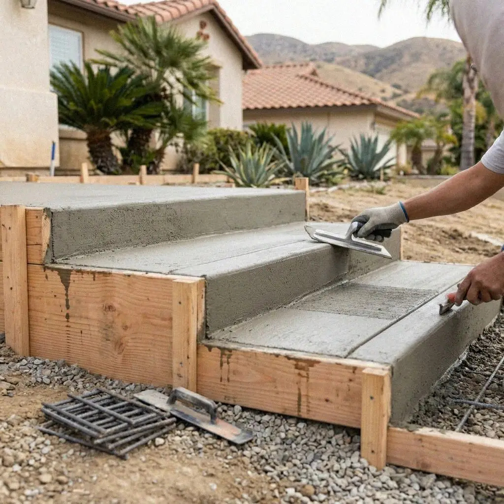 Crew forming the risers of a new front stair in Riverside, CA