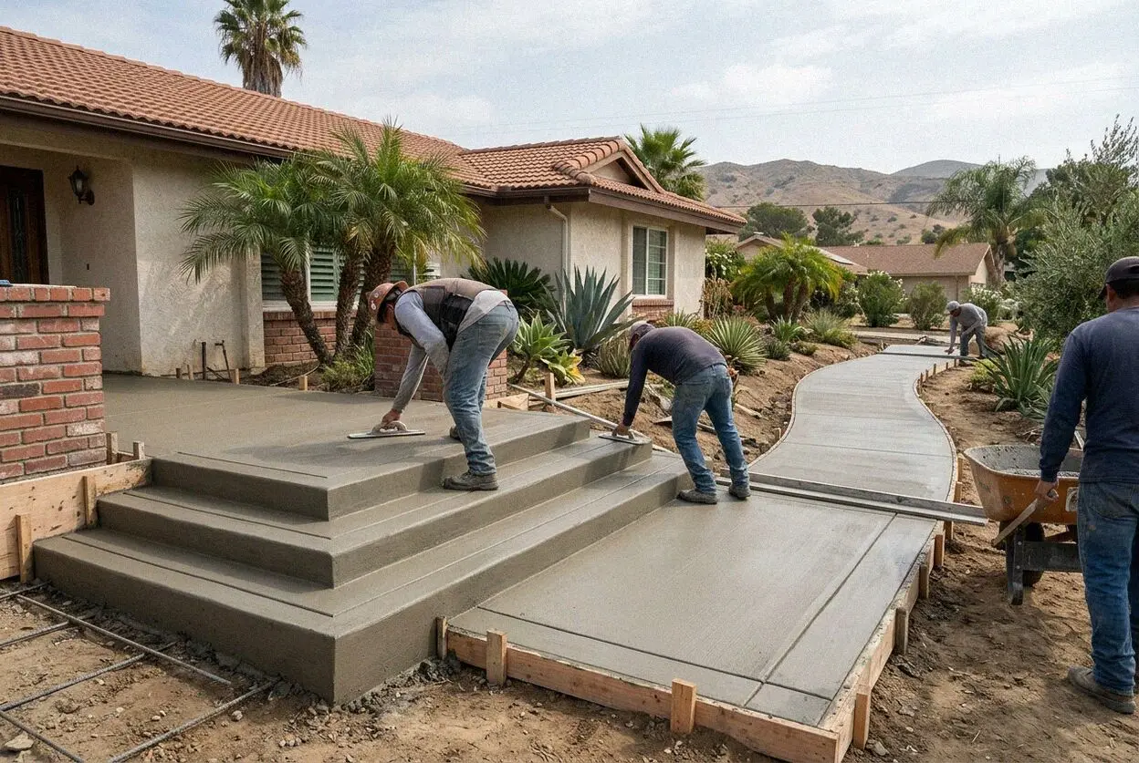 A new concrete front stair at a raised porch in Riverside, CA