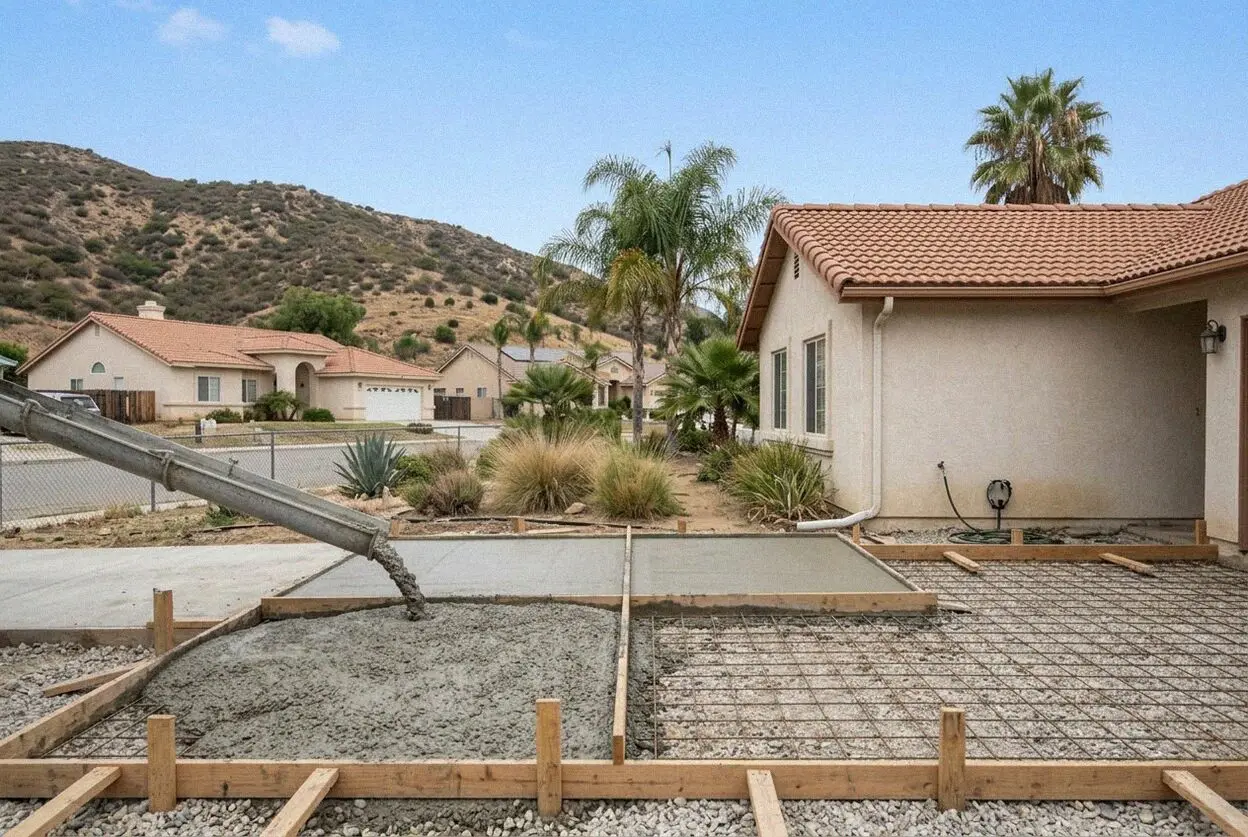 A patio being poured behind a 2000s house in Temescal Valley