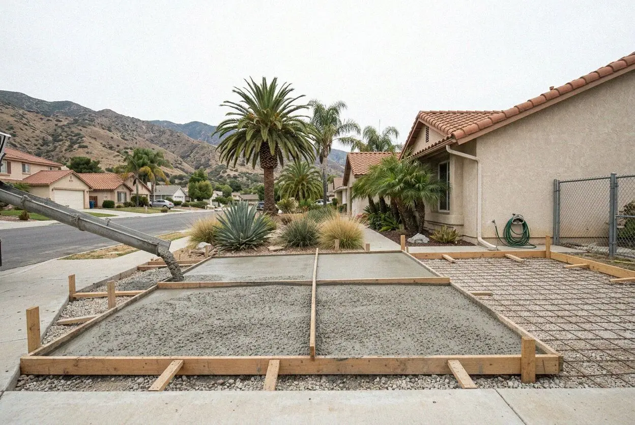 A new concrete driveway at a 1950s ranch house in Upland, CA