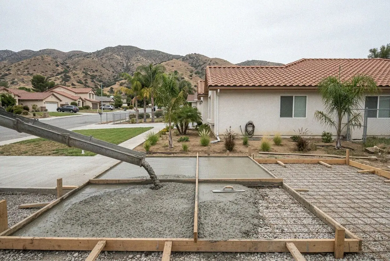 A concrete driveway being poured on a sloped ranch lot in Yucaipa