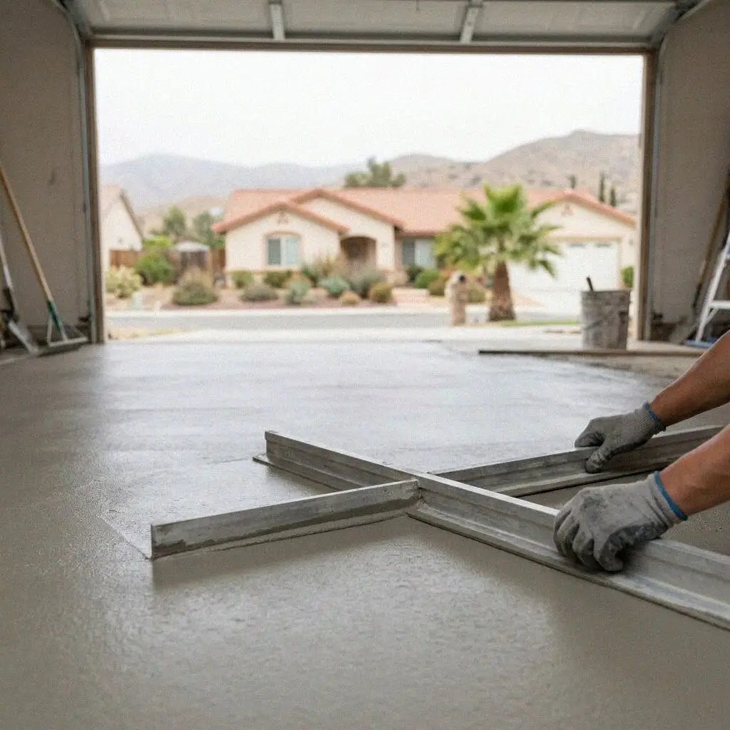 Crew steel-troweling a fresh garage floor slab in Riverside, CA