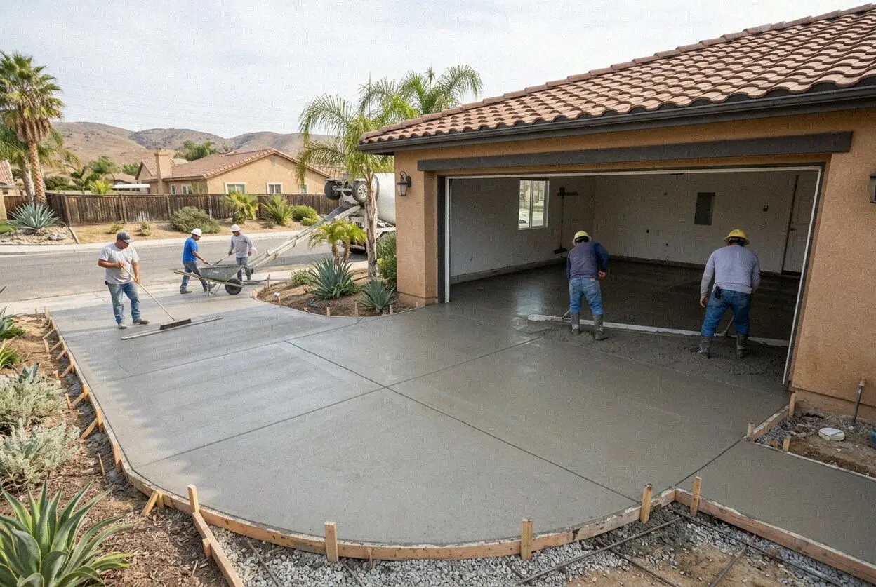 New concrete garage floor slab being troweled at a Riverside, CA home