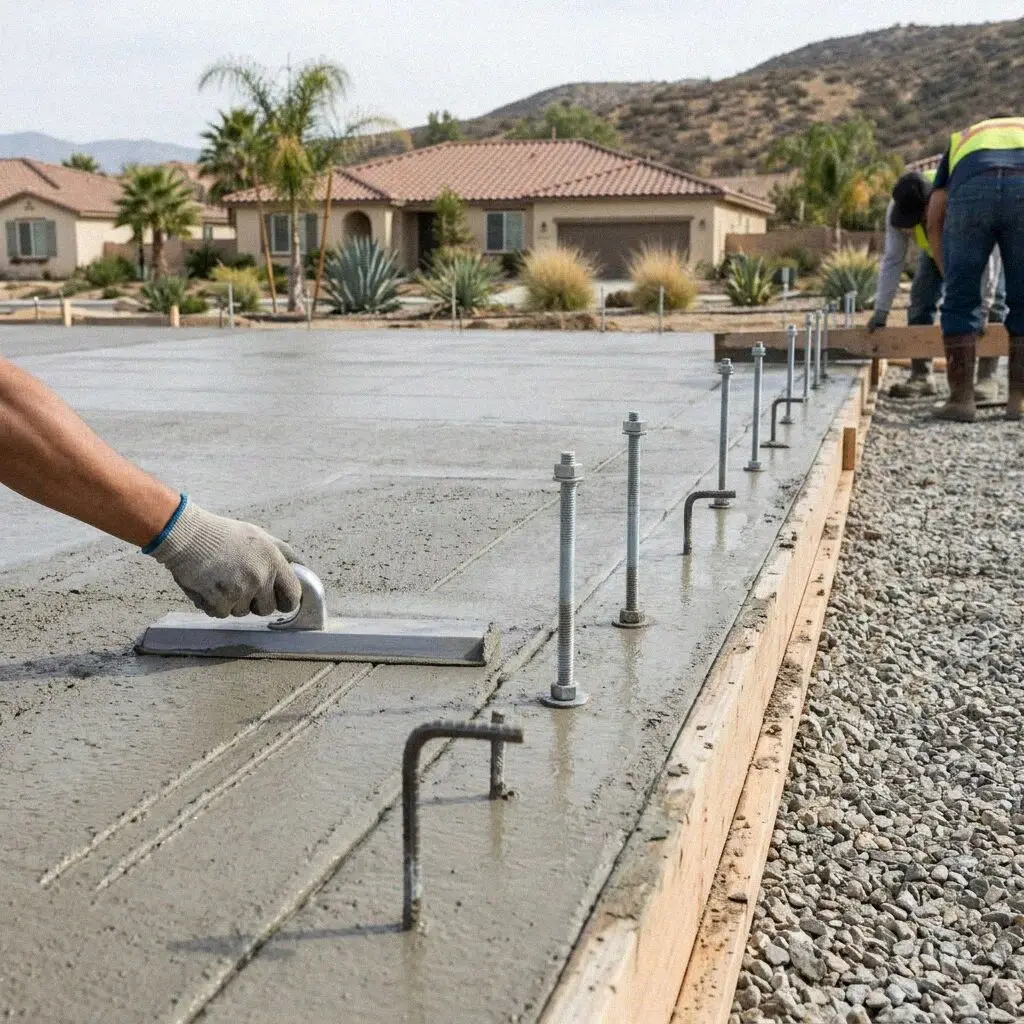 Hands tying rebar over a vapor barrier on a Riverside slab