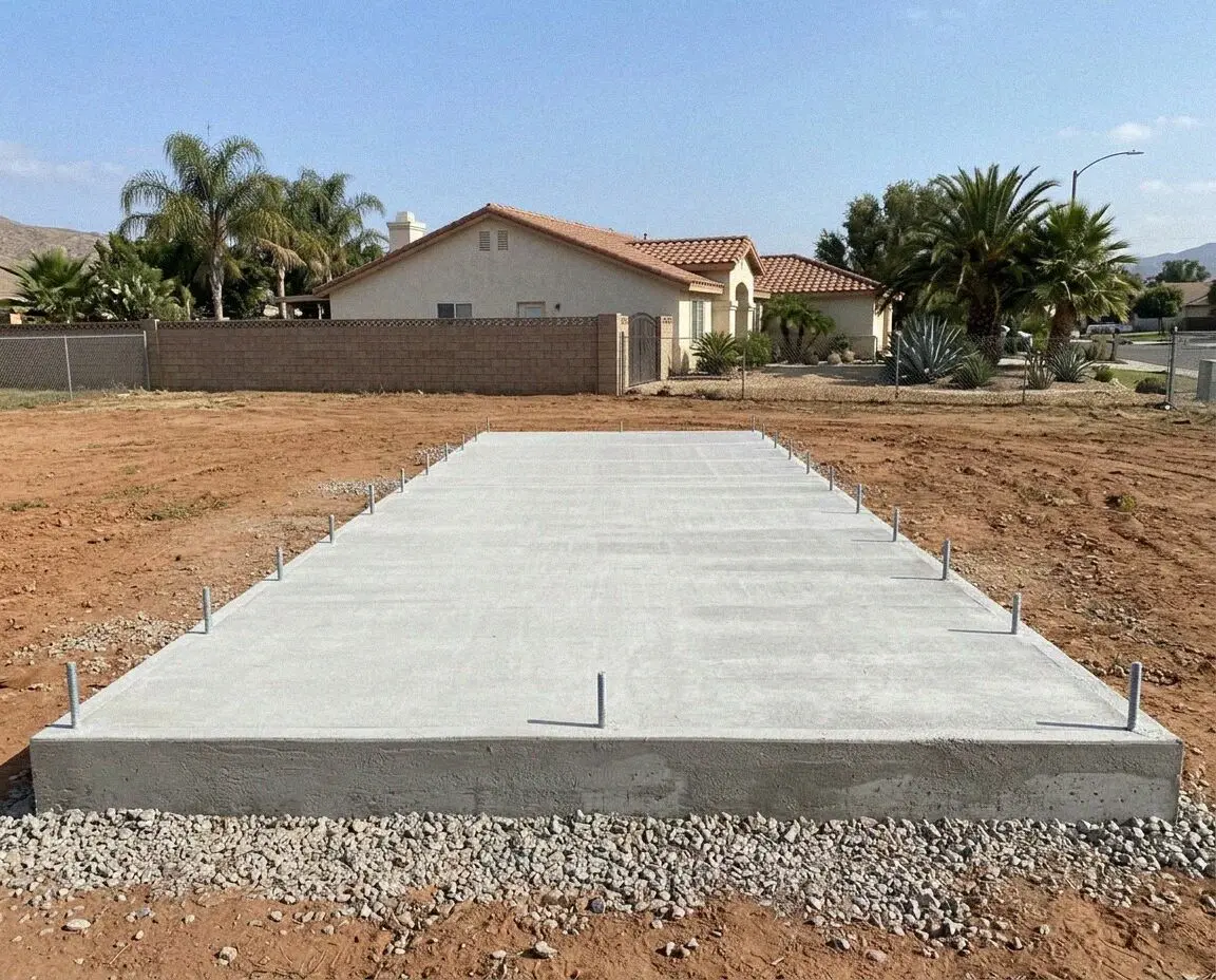 A finished slab foundation ready for framing at a Riverside home