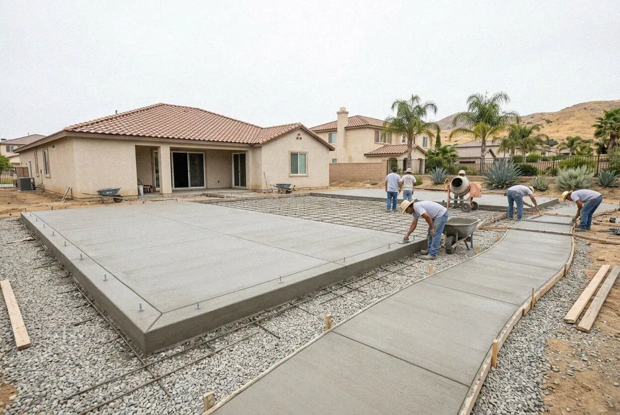 Rebar tied on a new slab foundation at a Riverside home