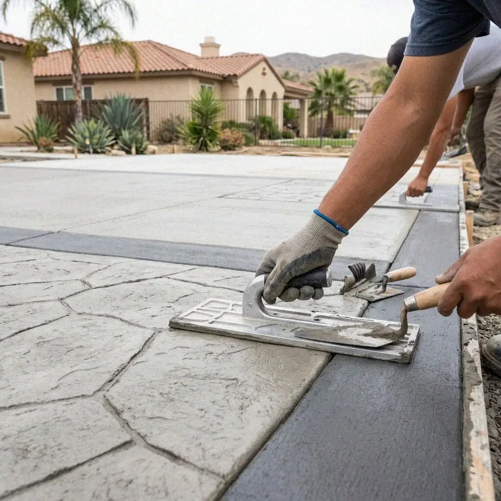 Crew pressing a slate pattern mat into fresh concrete in Riverside