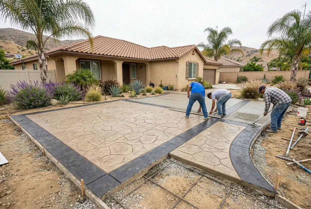 Ashlar slate stamped concrete patio at a home in Riverside, CA